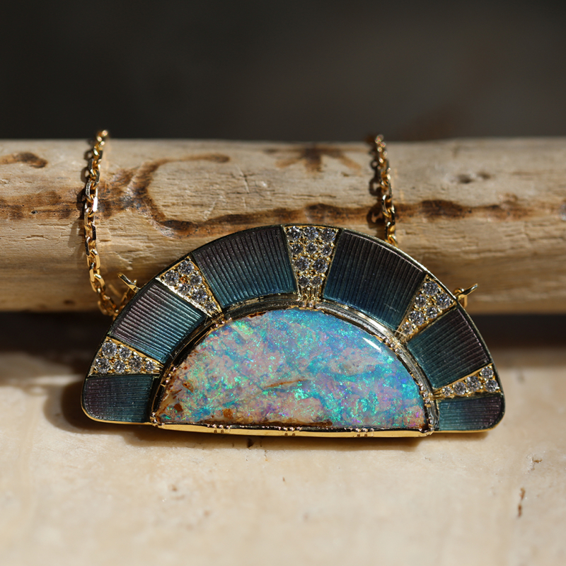 Enamel Sun Ray Boulder Opal Necklace