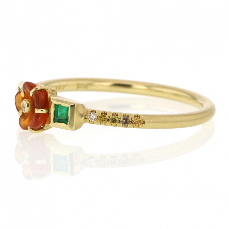 Rivera Flower Fire Opal Emerald Diamond 18k Gold Ring