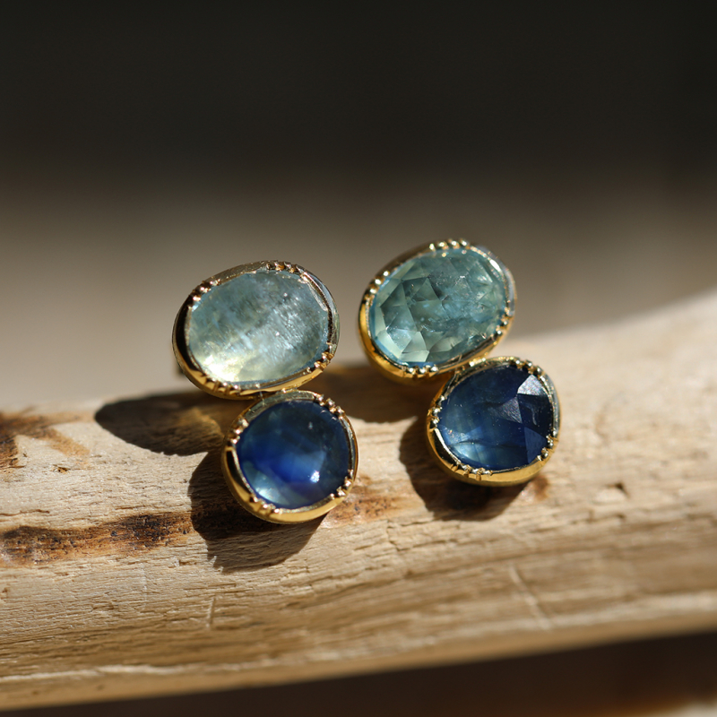 Double Orbit Blue Sapphire Aquamarine Stud Earrings