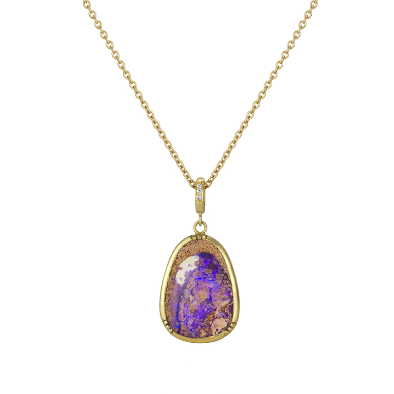 Fossilized Wood Opal Ellipse Diamond Necklace