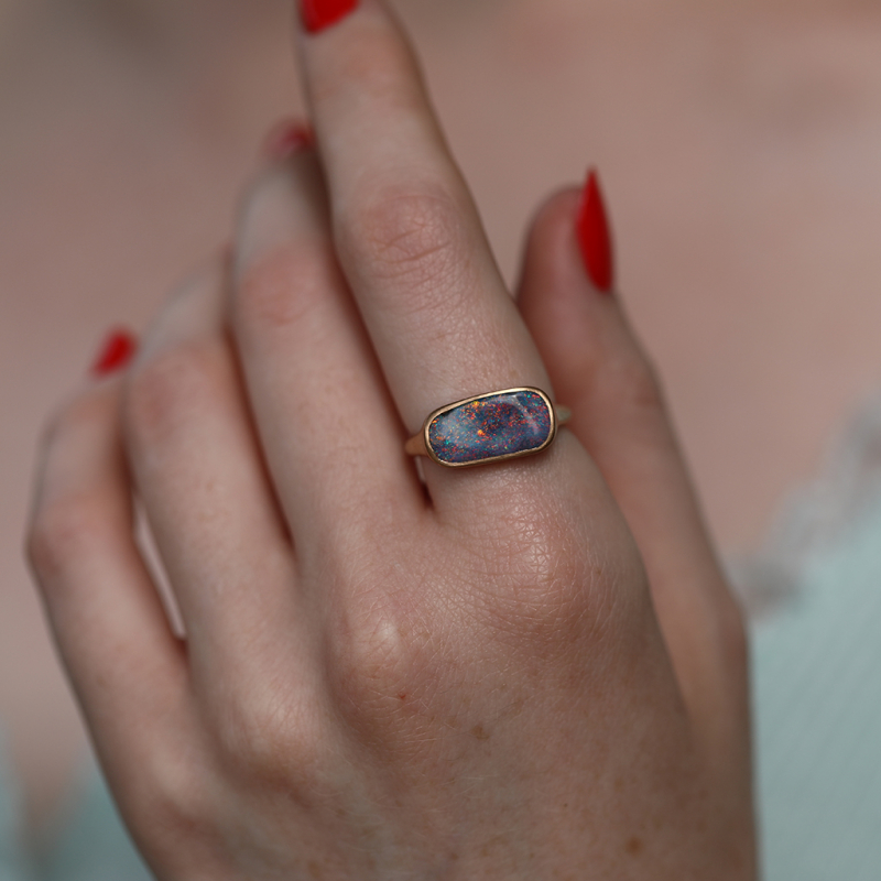 Small Rectangular Australian Boulder Opal Rose Gold Ring