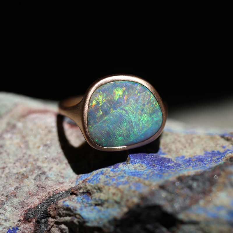 Asymmetrical Australian Boulder Opal Rose Gold Ring