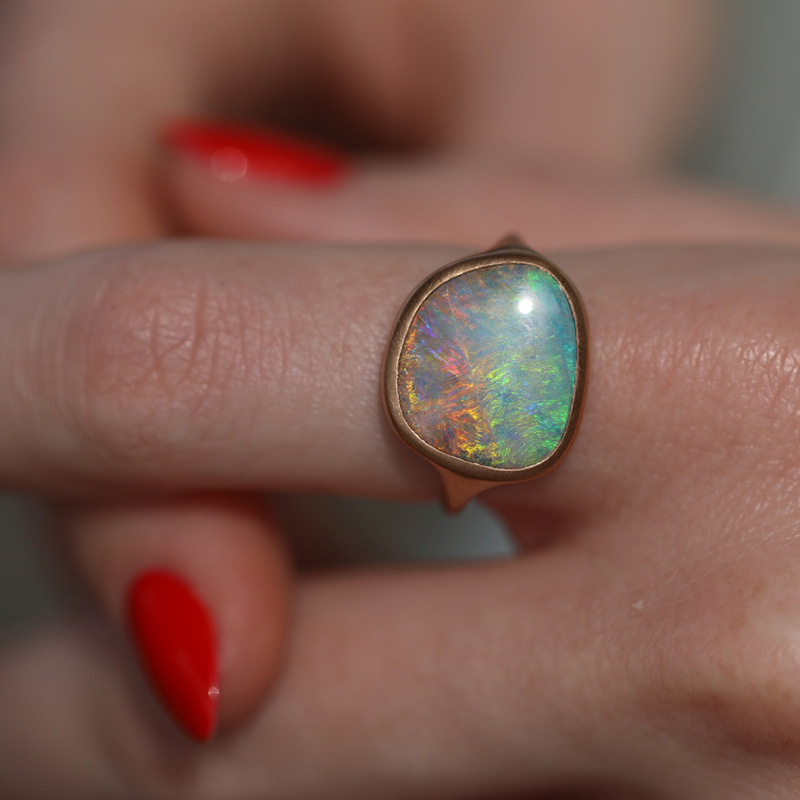 Asymmetrical Australian Boulder Opal Rose Gold Ring