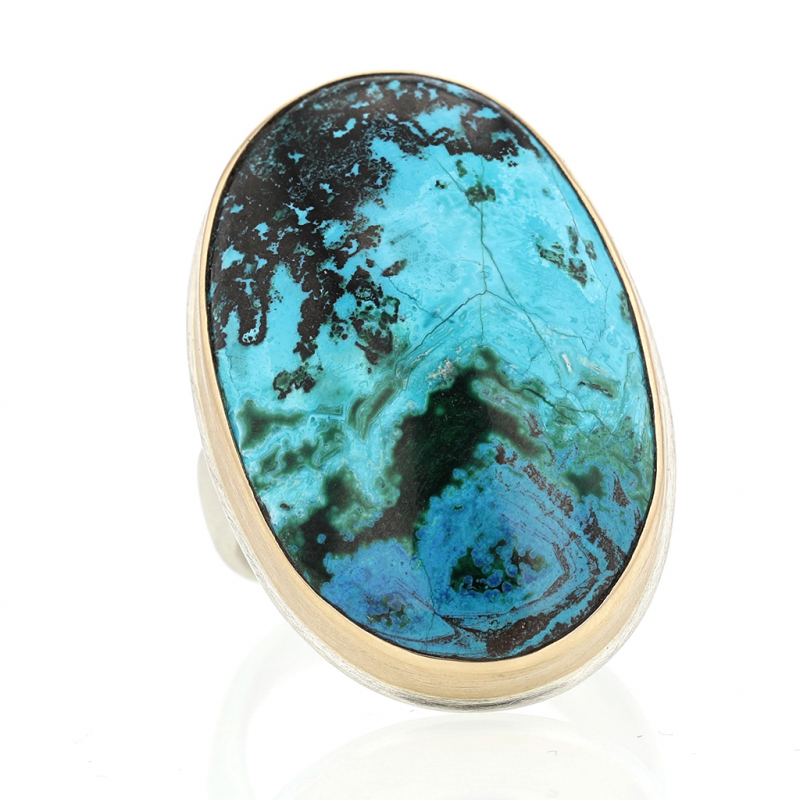 Vertical Chrysocolla Silver and Gold Ring