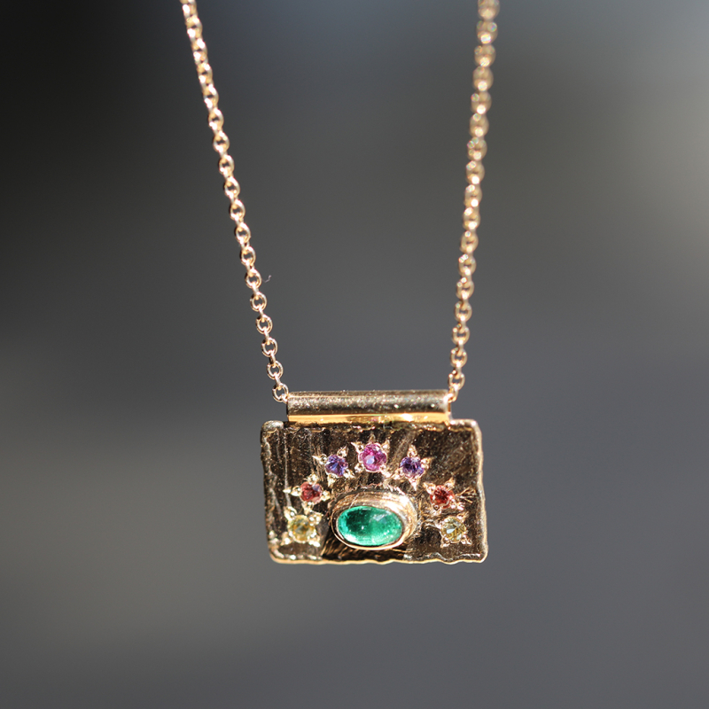 Gold Emerald and Sapphire Love Earth Necklace
