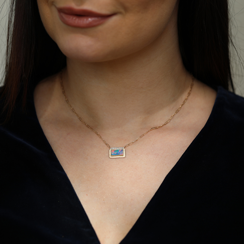 Australian Opal and Pave Diamond 14k Gold Necklace