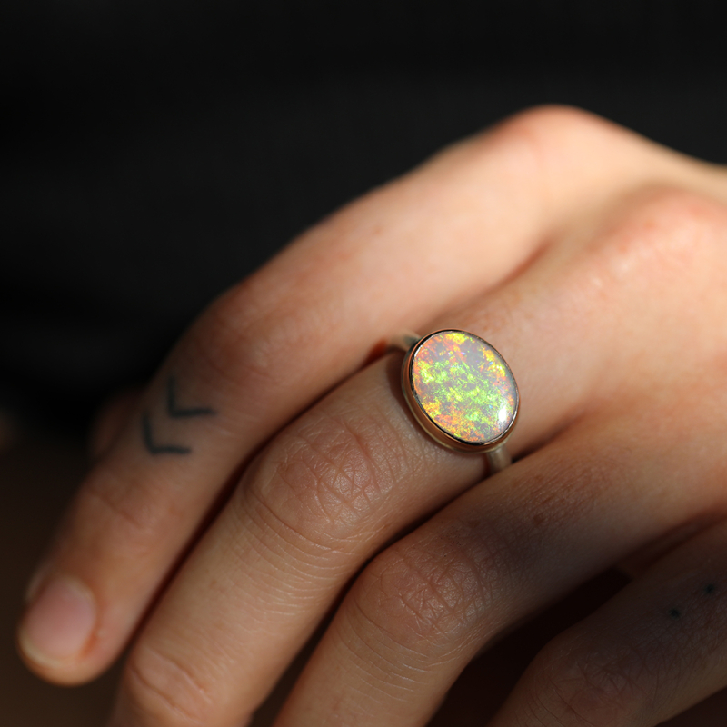 Small Oval Silver and Rose Gold Australian Opal Ring