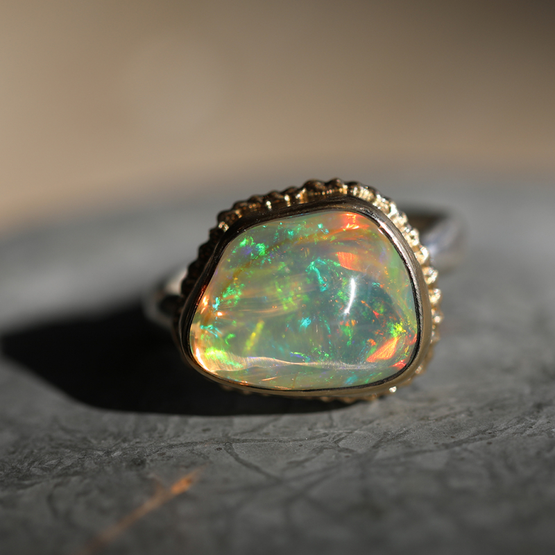 Asymmetrical Mexican Fire Opal Ruffled Platform Ring