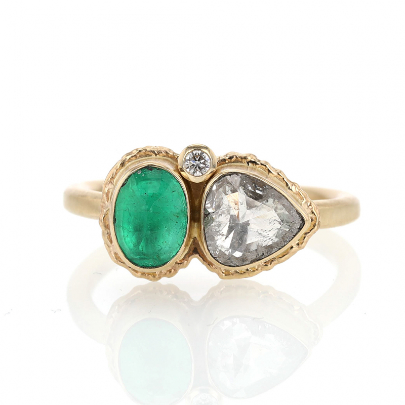 Double Rustic Diamond and Colombian Emerald 14k Gold Ring