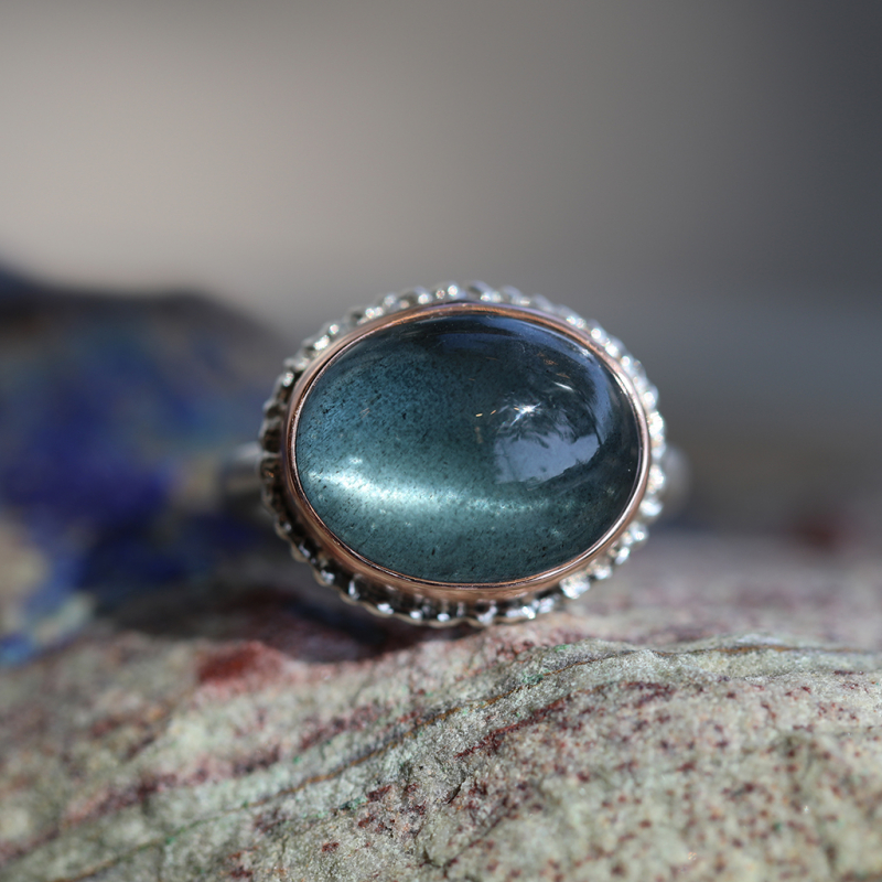 Oval Smooth Silver and Rose Gold Moss Aquamarine Ring
