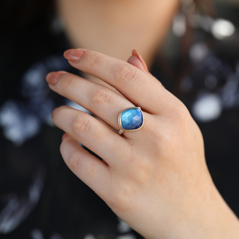 Asymmetrical Rose Cut Blue Rainbow Moonstone Ring