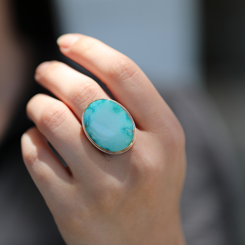 Vertical Sonorian Mountain Turquoise Silver and Gold Ring