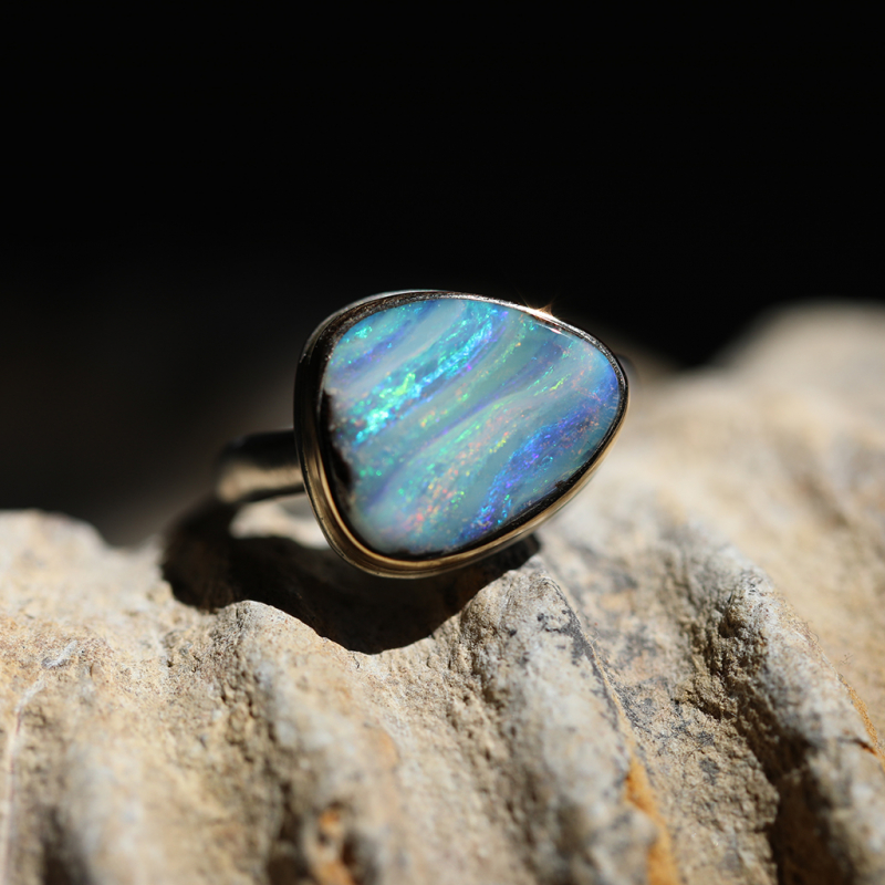 Asymmetrical Small Silver and Gold Boulder Opal Ring