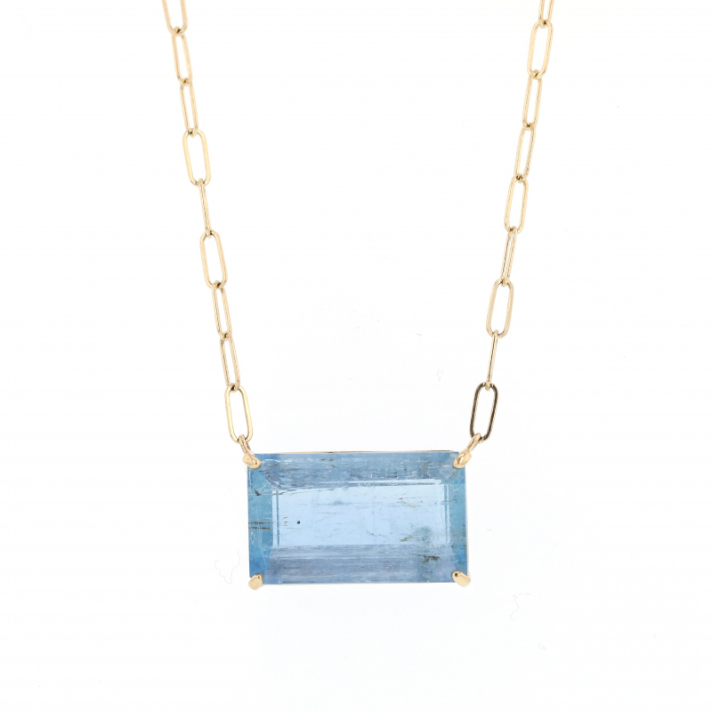 Rectangular Aquamarine Gold Prong Necklace