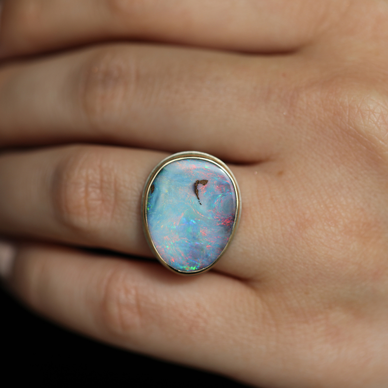 Asymmetrical Boulder Opal Silver and Gold Ring