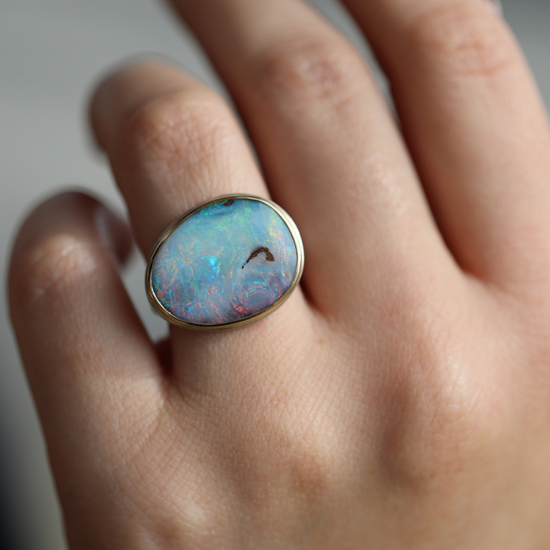 Asymmetrical 14k Gold and Silver Boulder Opal Ring