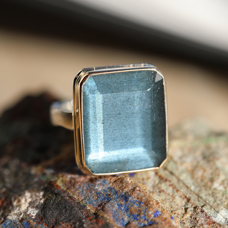 Vertical Moss Aquamarine Silver and Gold Ring