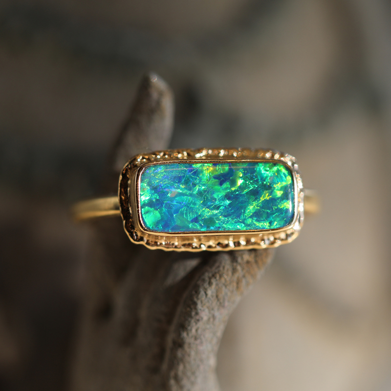 Rectangular Australian Crystal Opal All Gold Ring