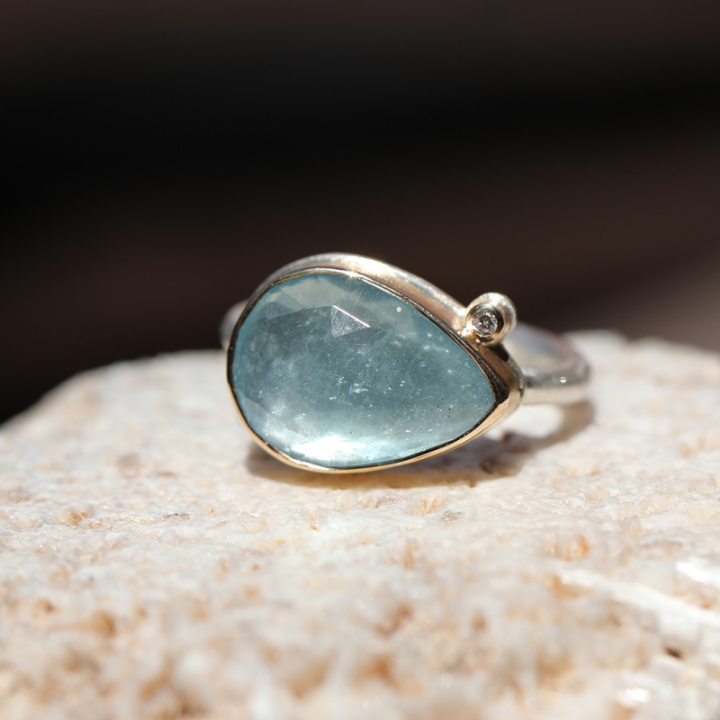 Teardrop Aquamarine Ring with Satellite Diamond
