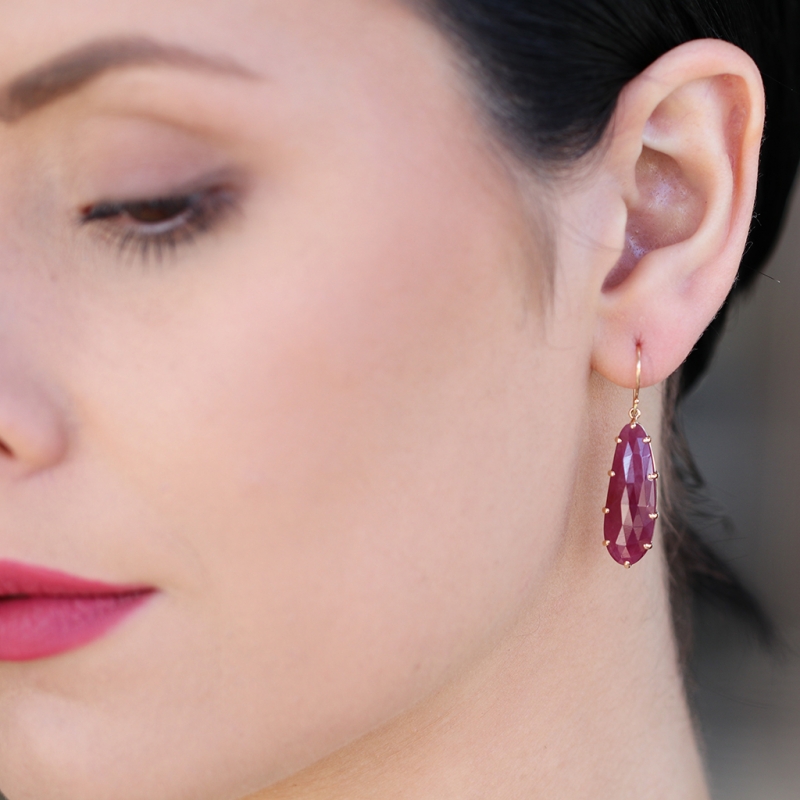 Asymmetrical Indian Ruby Prong Gold Earrings