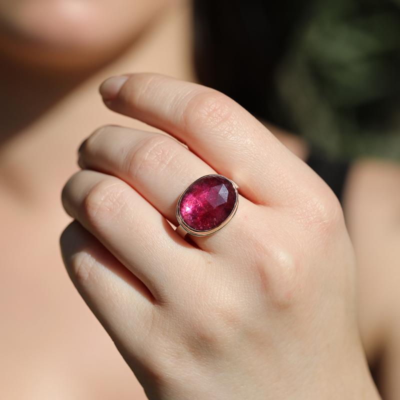 Oval Rose Cut Deep Pink Tourmaline Rose Gold  and Silver Ring