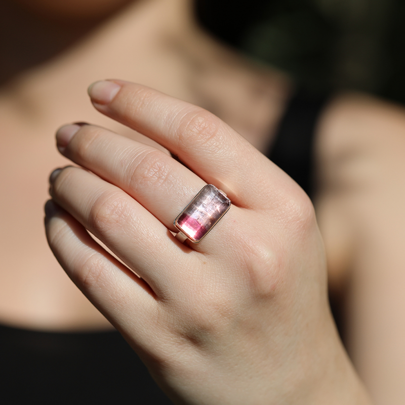 Rectangular Bi Color Pink Tourmaline Ring