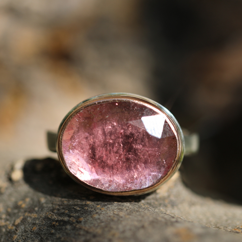 Oval Table Up Light Pink Tourmaline Silver and Gold Ring