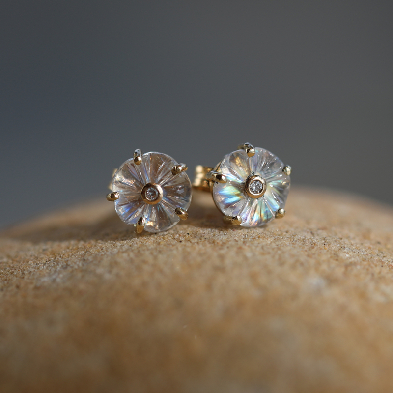 Carved Rainbow Moonstone and Diamond Gold Post Earrings
