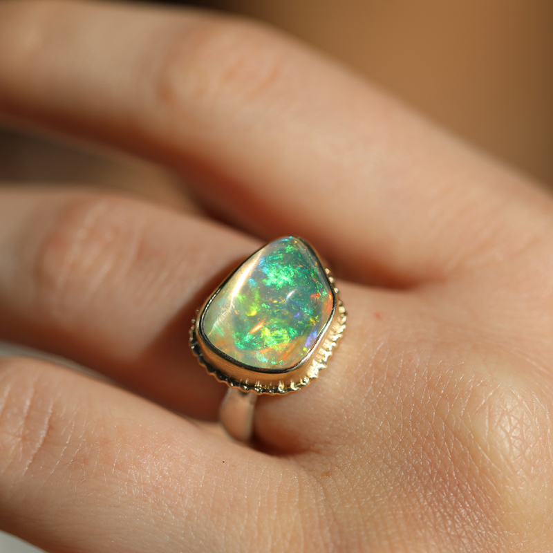 Asymmetrical Mexican Fire Opal Ruffled Platform Ring