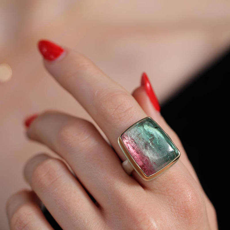 Vertical Watermelon Tourmaline Silver and Rose Gold Ring