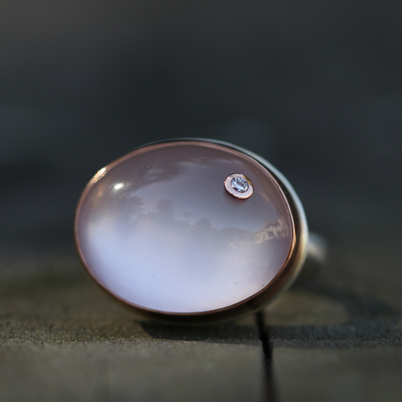 Oval Rose Quartz Rose Gold and Silver Ring with Diamond