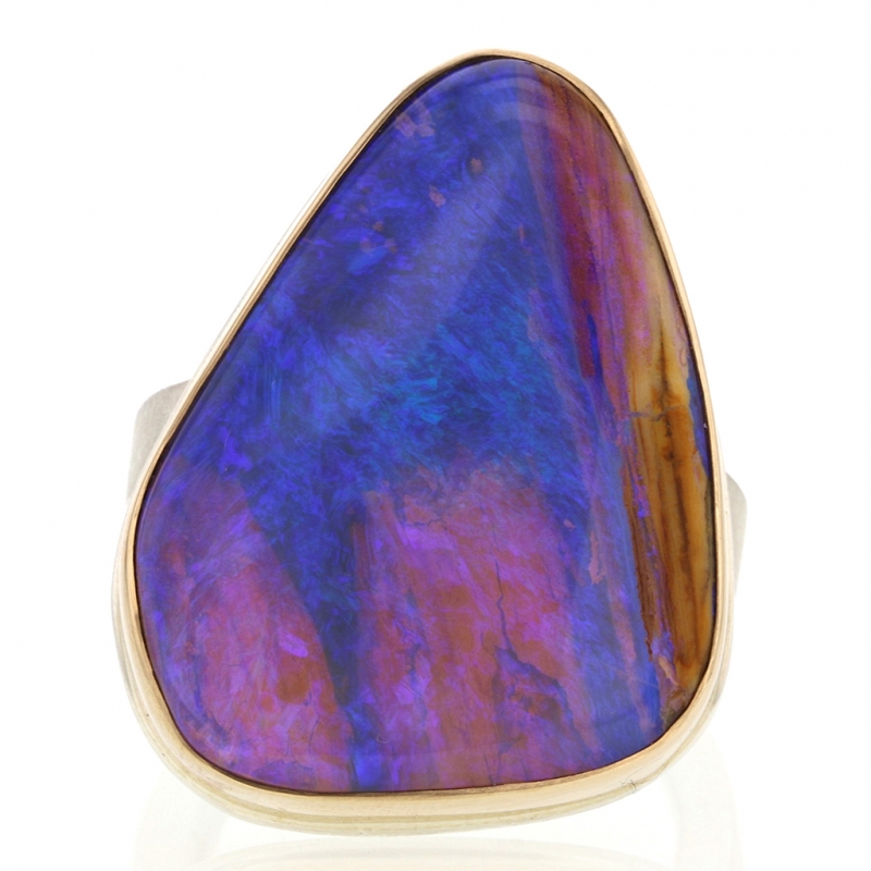 Large Boulder Opal Vertical Silver and Gold Ring