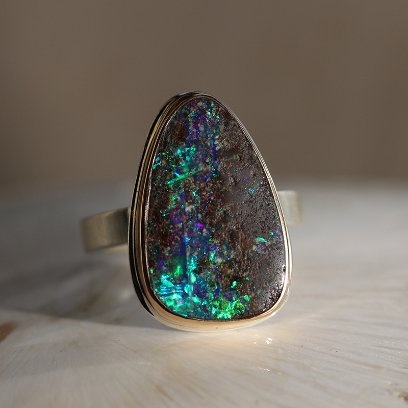 Boulder Opal Vertical Silver and Gold Ring