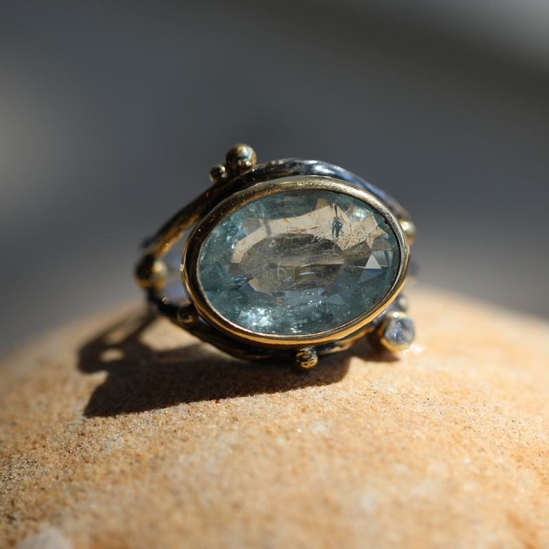 Double Seafire Aquamarine Oxidized Silver and 18k Gold Ring