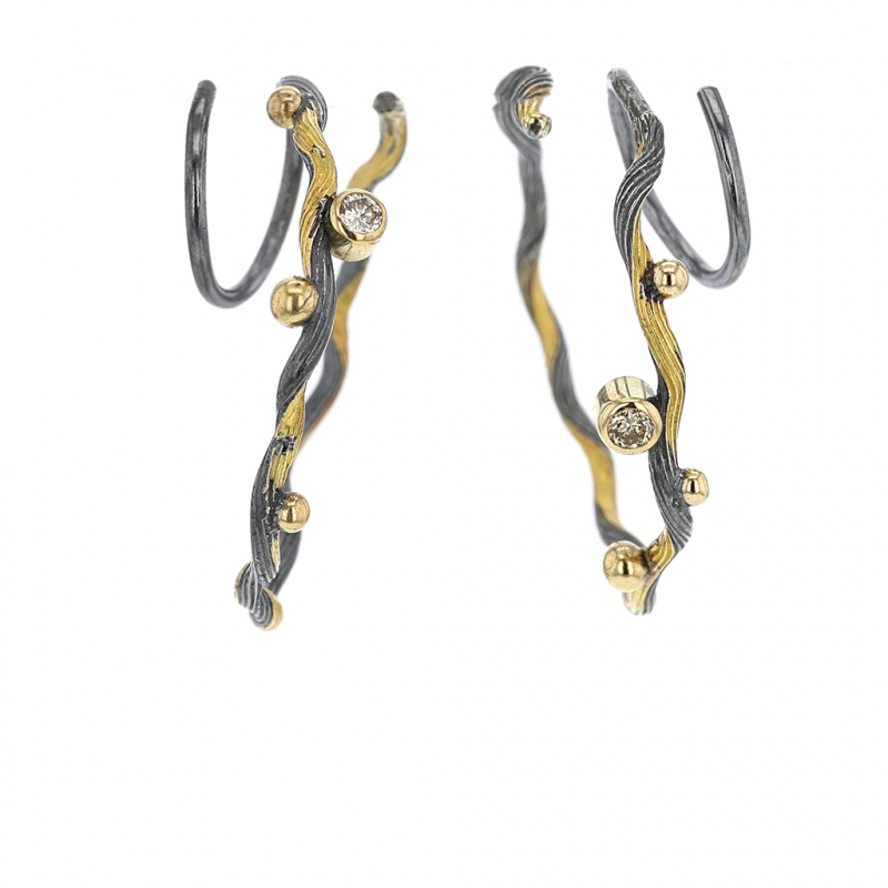 Large Oxidized Silver and 18k Gold Hoop Earrings with Diamonds