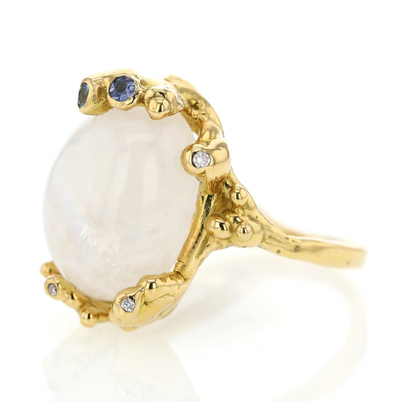 Moonstone Diamond and Sapphire 18k Gold Ring
