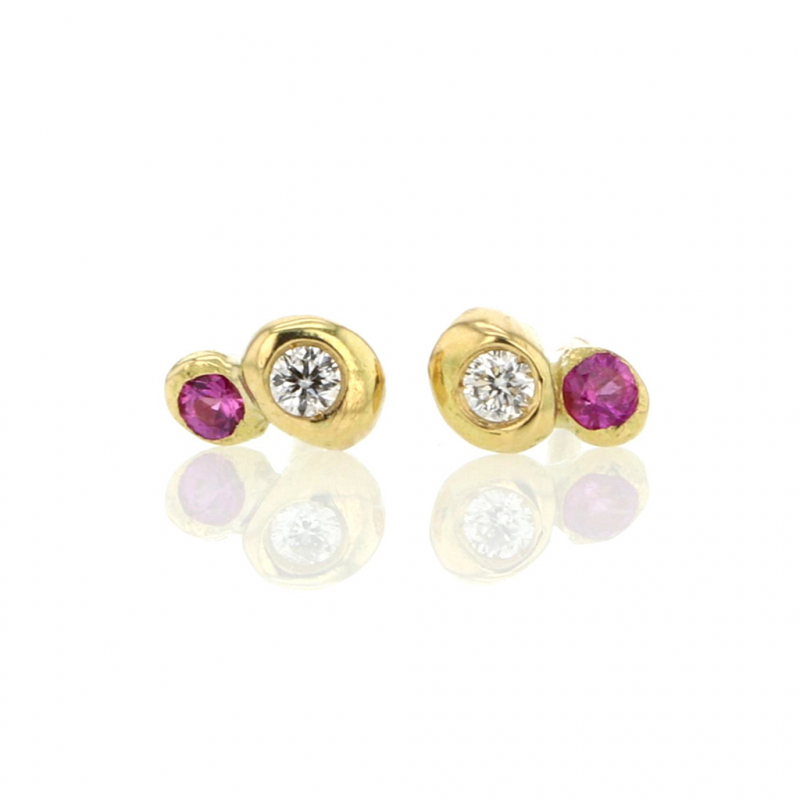 Ruby and Diamond Bubble 18k Gold Stud Earrings