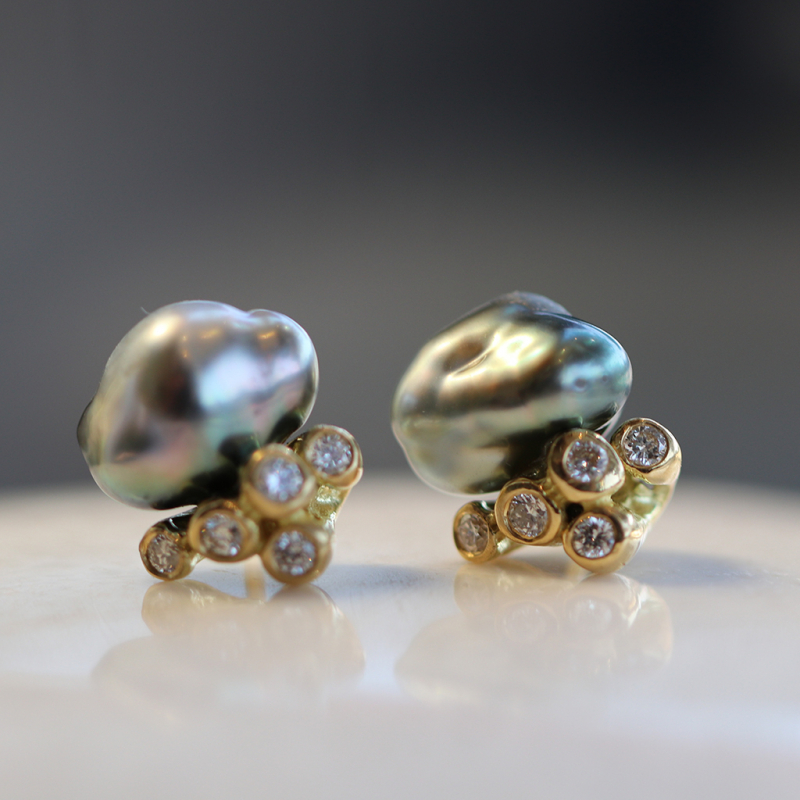 Tahitian Keishi Pearl Diamond Crowned Gold Stud Earrings