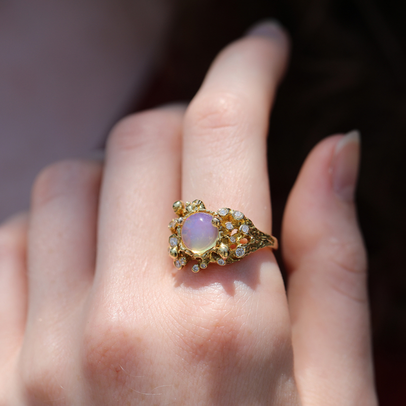 Aurora Borealis Opal 18k Gold Ring with Diamonds