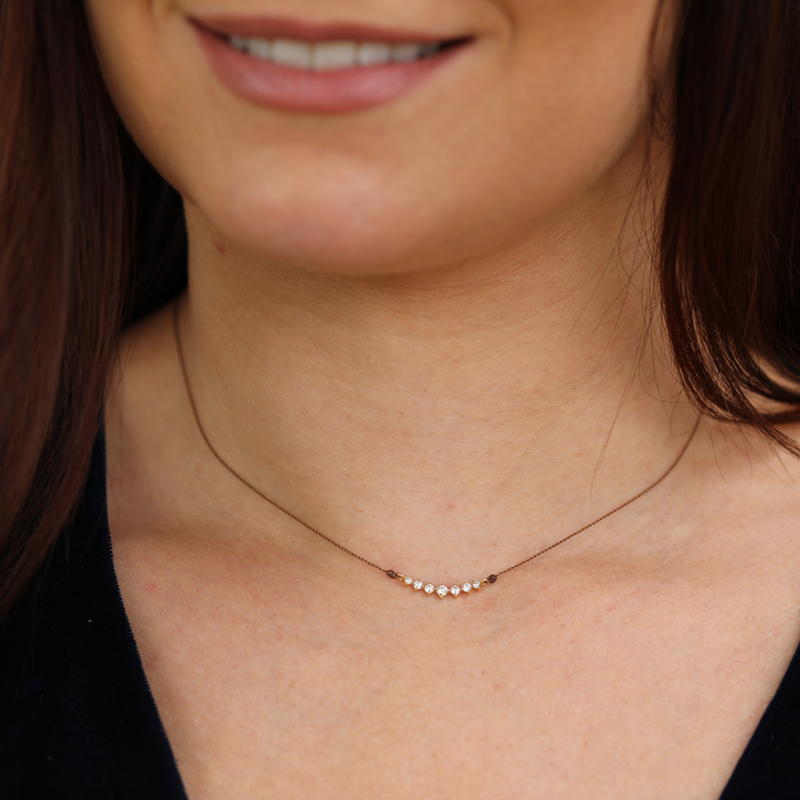 Curved White Diamond Bar Necklace on Nylon Cord