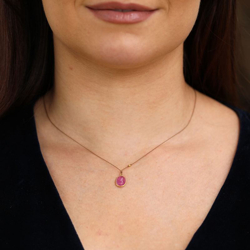 Faceted Ruby Oval 18k Gold Nylon Cord Necklace