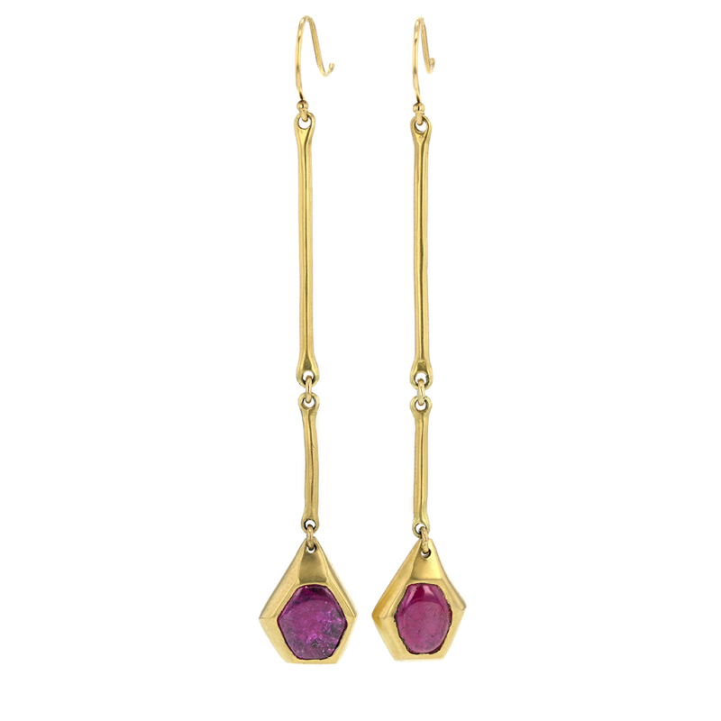 Ruby Crystal Slices 18k Gold Cast Line Earrings