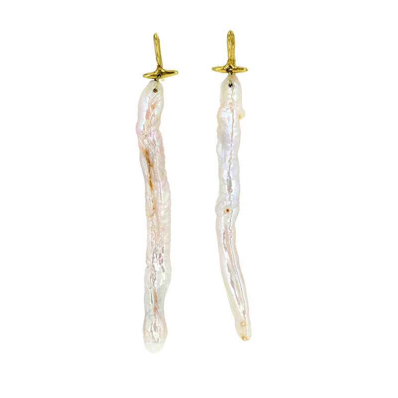 Long Freshwater Pearl 18k Gold Stick Earrings
