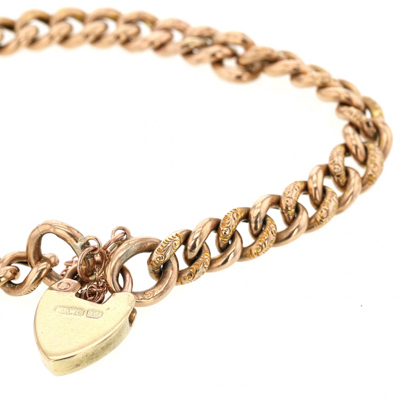 Vintage 9K Gold Heart Curb Link Bracelet