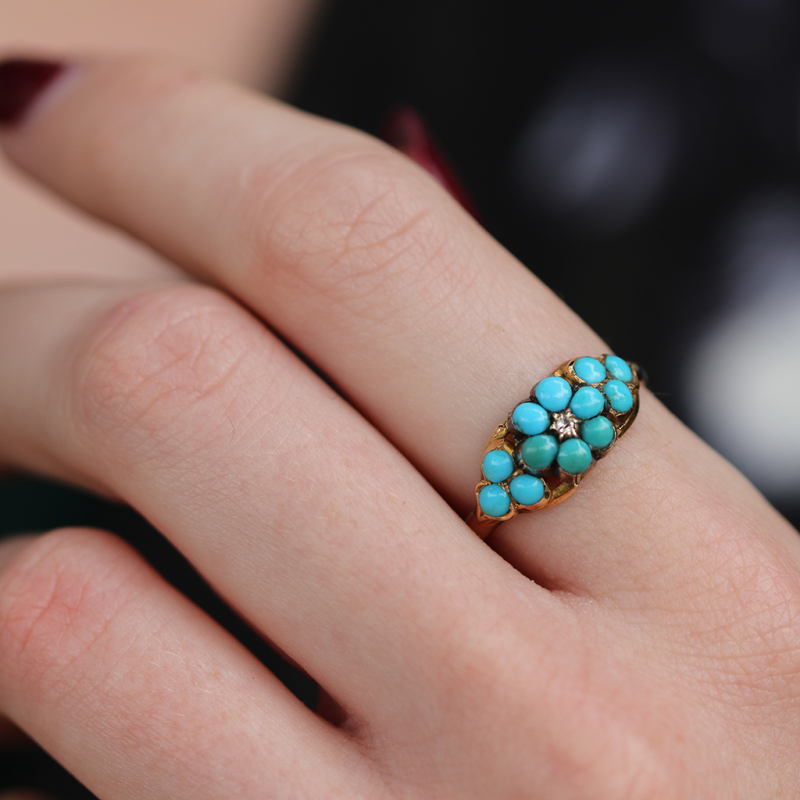 Vintage Victorian Paved Turquoise Ring with Diamond Accent