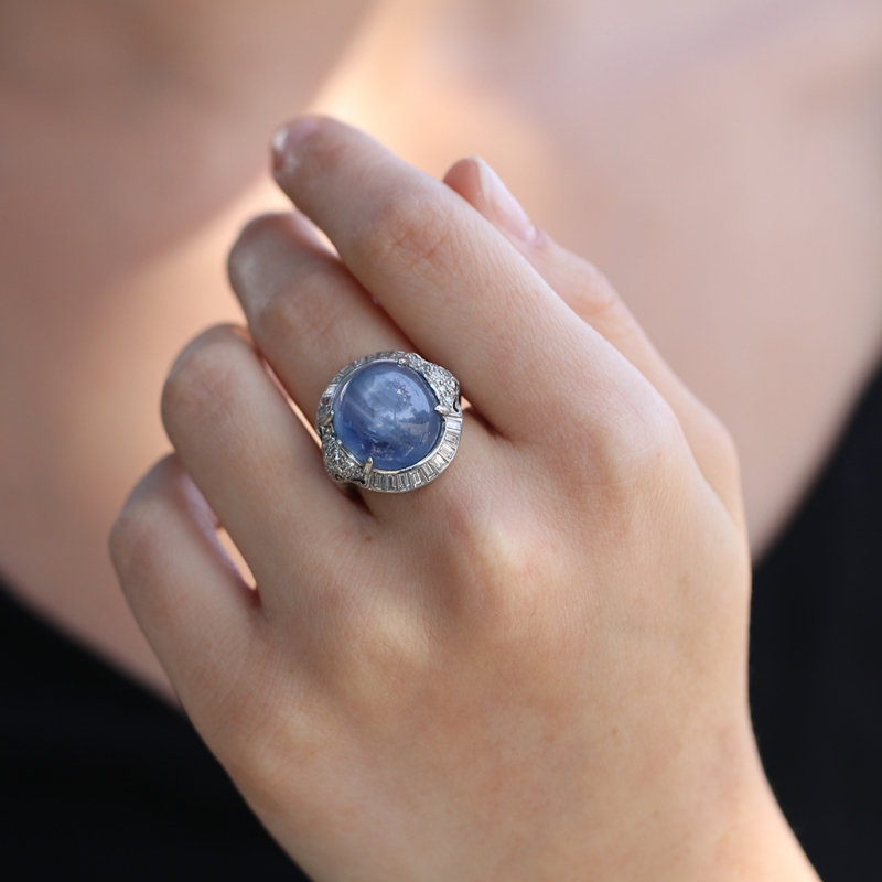 Blue Star Sapphire and Diamond Art Deco Ring