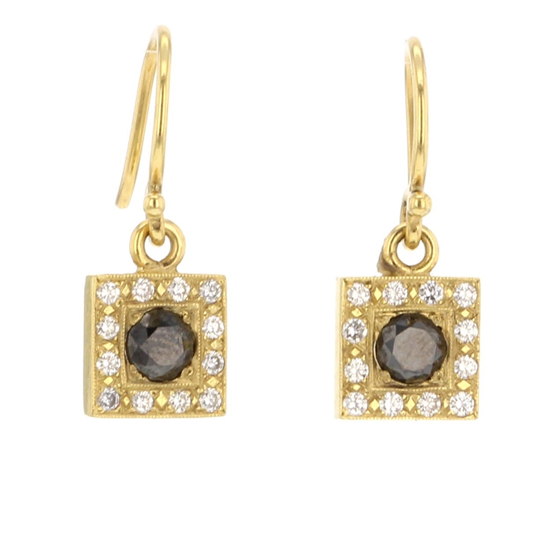Black Diamond Gold Square Earrings