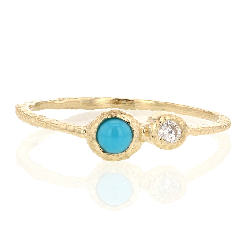 Turquoise and Diamond Etched Gold Ring
