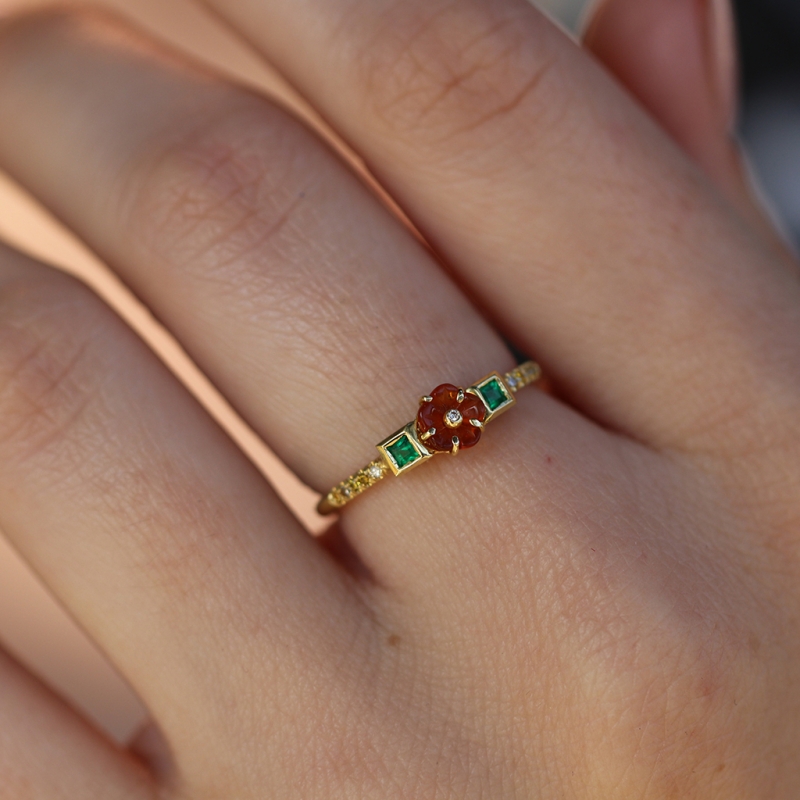 Rivera Flower Fire Opal Emerald Diamond 18k Gold Ring