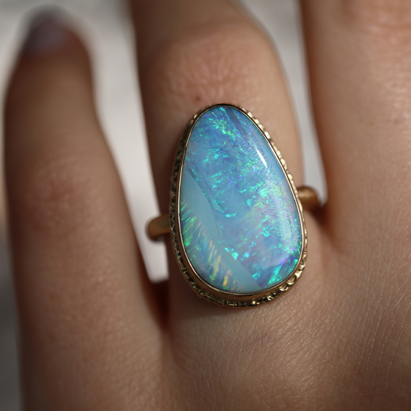 Teardrop Vertical Boulder Opal All Gold Ring
